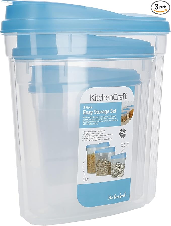 KitchenCraft Plastic Dry Food Storage Containers with Clip Lids for Cereal, Pasta, Rice, BPA-Free, Set of 3 by KitchenCraft