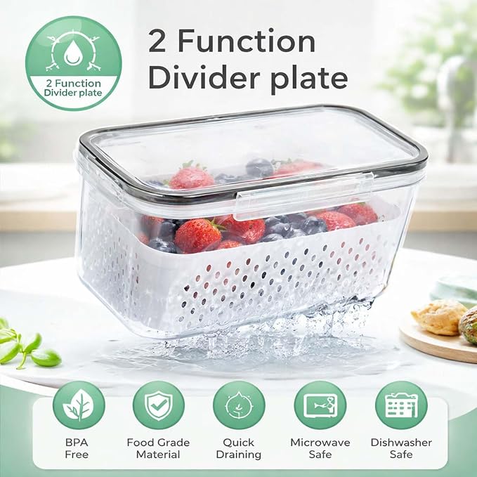 4-in-1 Produce Saver Containers - Fresh Berry Keeper with Removable Colander & Airtight Lid - Stackable Fruit and Vegetable Fridge Organizer Bins - BPA-Free Plastic Food Storage (3pcs) - Image 2