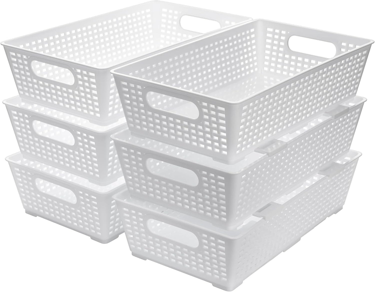 Stackable Woven Plastic Basket, Storage Bins for Cabinet, Closet, Shelf, Under Sink and Countertop, Pantry Organizer Bins, 6 Pack