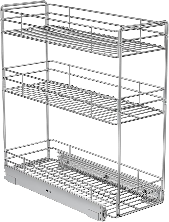 ROOMTEC Pull Out Spice Rack for Narrow Cabinet (5½" W X 20½" D),3 Tier Slide Out Cabinet Organizer and Pull Out Shelves Under Cabinet Storage for Kitchen, Chrome by ROOMTEC