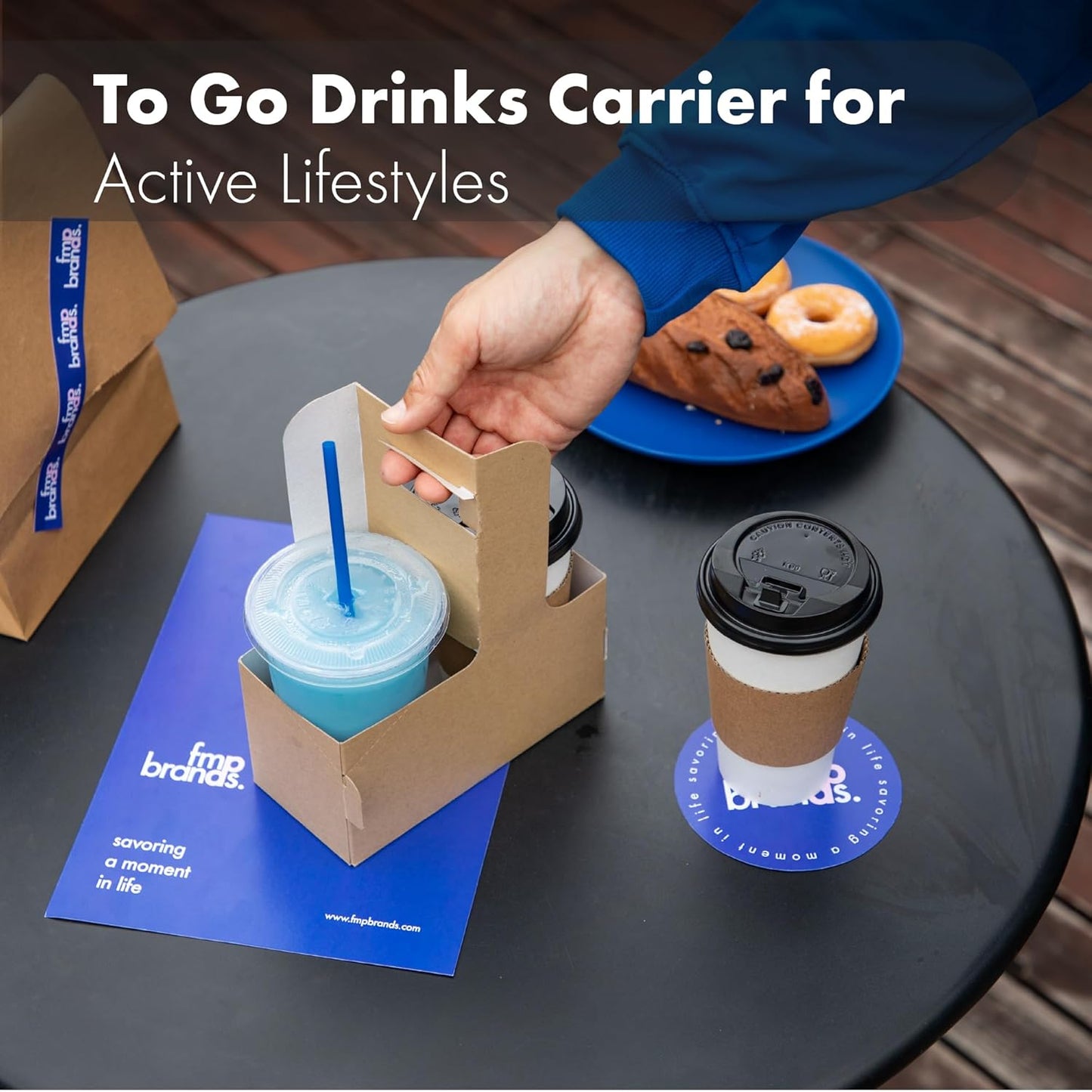 FMP Brands 2 Cup Disposable Drink Carrier with Handle, 60 Pack Kraft Paperboard Handled Drink Carriers 12-30 oz to Go Coffee Cup Holder, Cup Carrier for Cold Hot Drinks, Takeout, Cafe