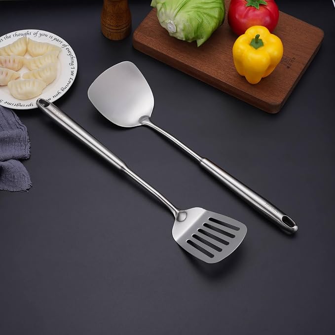6 PCS All Metal Cooking Utensils Set - 18/10 Stainless Steel Kitchen Tools | Professional Cooking Spoons Set, 15" Spatula, Ladle, Skimmer Spoon, Pasta Serve, Large Spoon, Slotted Spatula Turner - Image 7
