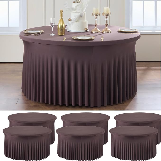 6 Pack Brown Spandex Round Tablecloths for 72 inch Table, Wrinkle Free Stretchy 132inch Fitted 6ft Round Table Cover Cloths with Skirt for Wedding Party Dining Banquet by Htper
