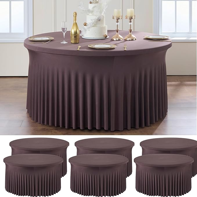 6 Pack Brown Spandex Round Tablecloths for 60 inch Table, Wrinkle Free Stretchy 120inch Fitted 5FT Round Table Cover Cloths with Skirt for Wedding Party Dining Banquet by Htper