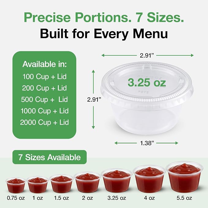 0.75-5.5 oz Plastic Portion Cups with Lids, 100-2000 Count, Dessert Cups with Lids, Jello Shot Cups with Lids, Small Plastic Cups for Salad Dressing & Condiments (1000, 3.25, ounces) - Image 4