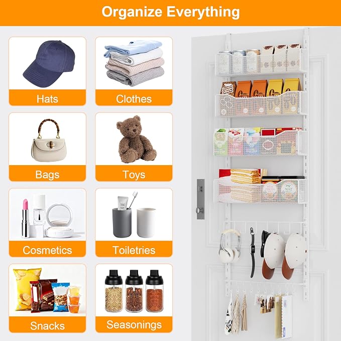 Over the Door Organizer, 2 in 1 Metal Hanging Closet Organizer & Hat Rack with 4 Adjustable Baskets, 8 Hooks, 10 Clips, Behind The Door Storage for Bedroom, Bathroom, Entrance, Closet, Kitchen, White - Image 5