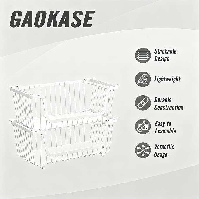 GAOKASE 4 Pcs Stackable Wire Baskets for Pantry Organizers and Storage, | Vegetable Fruit Basket for Countertop,Kitchen Storage Metal Baskets,Produce Potato Onion Storage Bin,White - Image 4