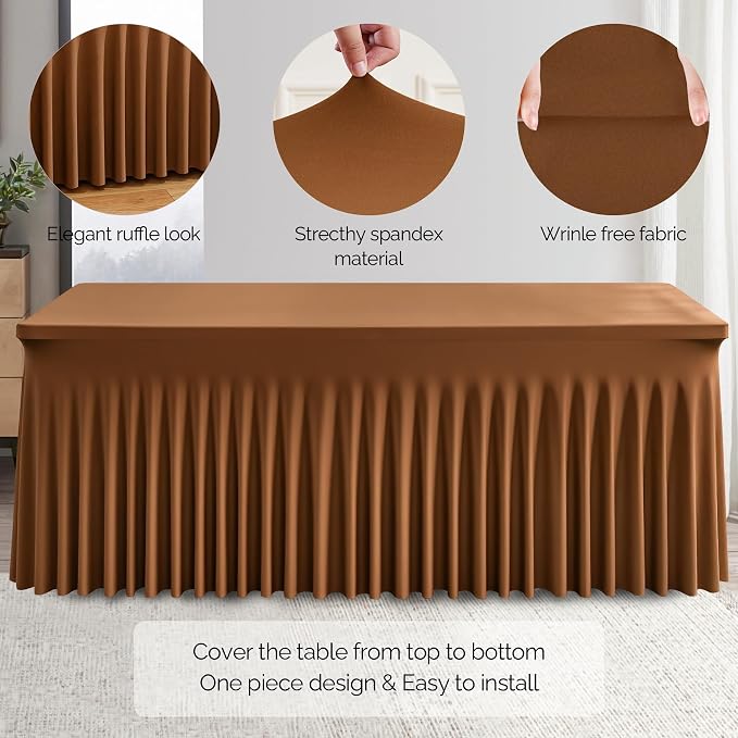 Wish Care 6 Pack Brown Spandex Table Clothes for 8 Foot Rectangle Tables, 8FT Wrinkle Free Fitted Tablecloths Ruffles Design Table Cover for Party, Banquet, Wedding and Events - Image 2