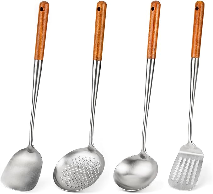 FJNATINH 17inch Wok Spatula and Ladle, Skimmer Spoon, Slotted Turner Spatula Set 304 Stainless Steel Kitchen Utensils Sets, 4-Pieces Cooking Utensils Tools Wok Accessories by HOMEKITCHENTOOL