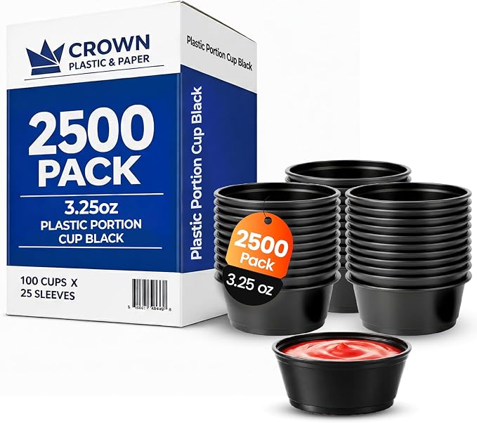 3.25 oz Black Plastic Portion Cups for Fast, Efficient Service - 2,500 PackDisposable Cups for Condiments, Sauces & Dressings with Easy Portion Control -Plastic Cups for Restaurants, Events & Sampling by CrownPlasticPaper