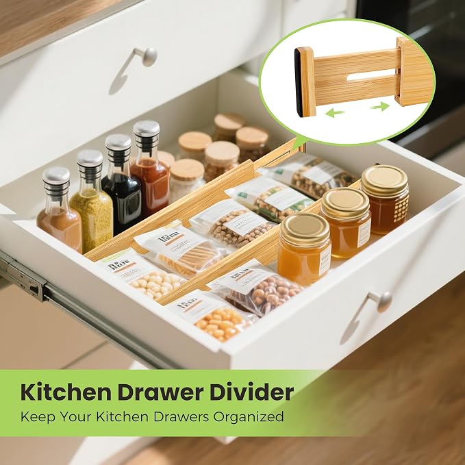 Fyvva Drawer Organizer, Spring-Loaded Expandable Bamboo Dividers 4-Pack | Large Kitchen Drawer Organizer, Adjustable 16.9 to 22.2 in, 2.3in High Non Slip for Kitchen Clothes Bathroom Office Natural - Image 4