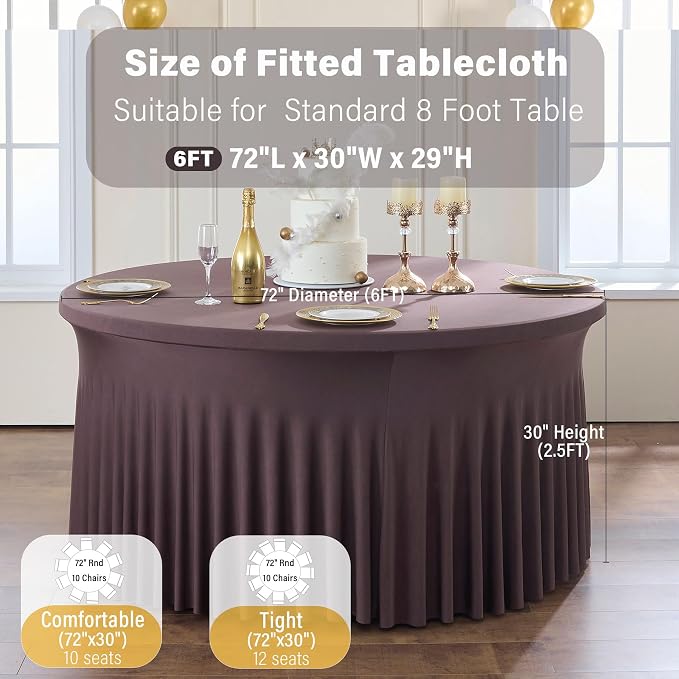 6 Pack Brown Spandex Round Tablecloths for 60 inch Table, Wrinkle Free Stretchy 120inch Fitted 5FT Round Table Cover Cloths with Skirt for Wedding Party Dining Banquet - Image 7