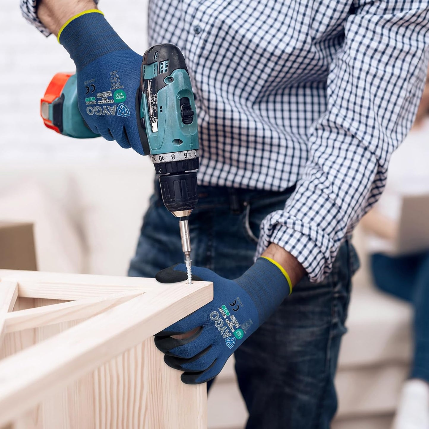 KAYGO Safety Work Gloves MicroFoam Nitrile Coated-12 Pairs, KG18NB,Seamless Knit Nylon Glove with Black Micro-Foam Nitrile Grip,Ideal for General Purpose,Automotive,Home Improvement, Dark Blue, L