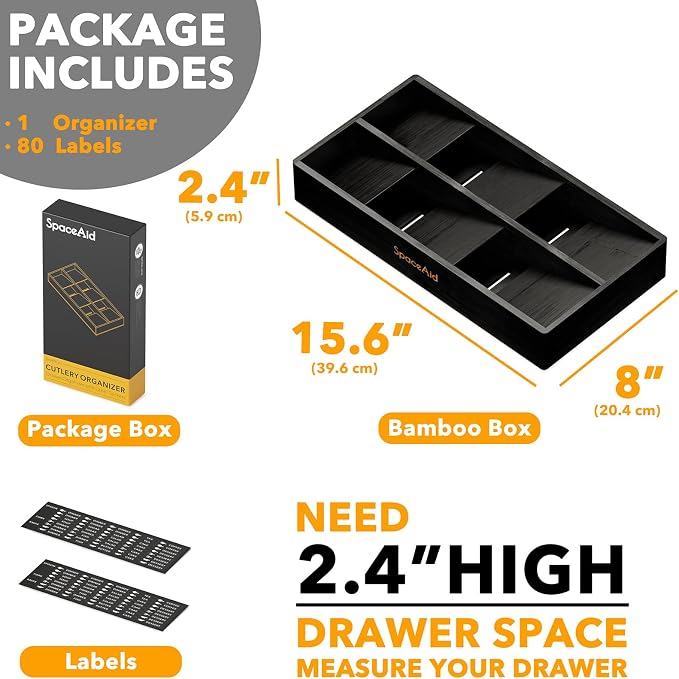 SpaceAid Bamboo Silverware Drawer Organizer with Labels, Kitchen Utensil Tray Holder Organizer for Flatware, Cutlery, Spoon and Knives Drawer Storage Organization (Black, 6 Slots) - Image 4