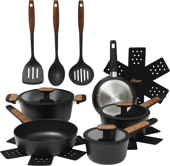 Oster Platinum Oxburg 14 Piece Forged Aluminum PFA Free Non-toxic Premium Ceramic Non Stick Interior Cookware & Kitchen Tools Set - Black w/Wood Handles by Unknown
