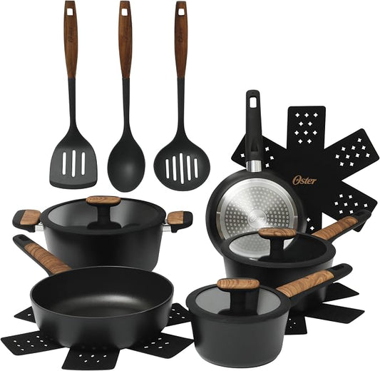 Oster Platinum Oxburg 14 Piece Forged Aluminum PFA Free Non-toxic Premium Ceramic Non Stick Interior Cookware & Kitchen Tools Set - Black w/Wood Handles by Unknown