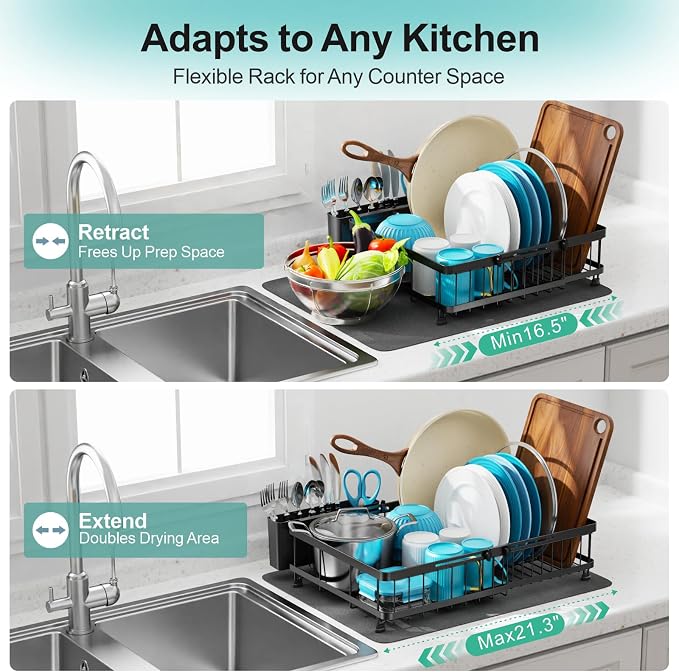 GSlife Large Dish Drying Rack - Expandable for Kitchen Counter, Black - Image 8