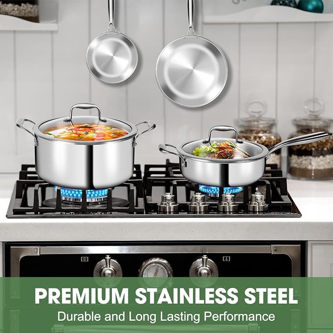 EWFEN 3 Ply Stainless Steel 11-Piece Cookware Set with Lids, Pots and Pans Kitchen Set, Non-Toxic, Induction, Oven, Dishwasher Safe, Professional Chef Quality - Image 3