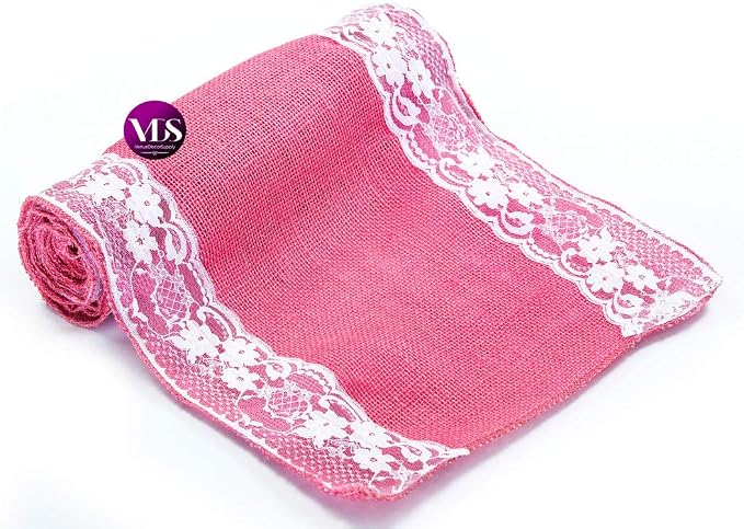 VDS Pack of 25, Burlap Table Runner with White Lace Edge, 100% Natural Jute Rustic Hessian Table Cloth Centerpiece for Wedding Birthday Party Banquet Table Decoration (Size 12X108 Inch)(Pink) - Image 3