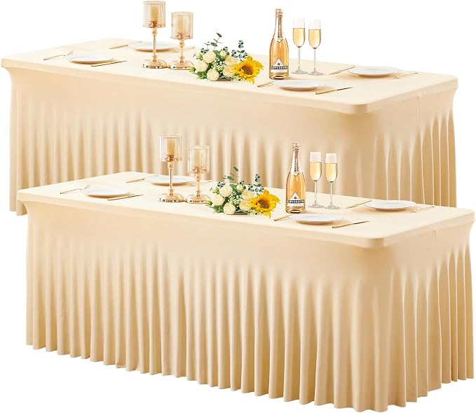Wish Care 2 Pack Champagne Spandex Table Clothes for 8 Foot Rectangle Tables, 8FT Wrinkle Free Fitted Tablecloths Ruffles Design Table Cover for Party, Banquet, Wedding and Events by WishCare