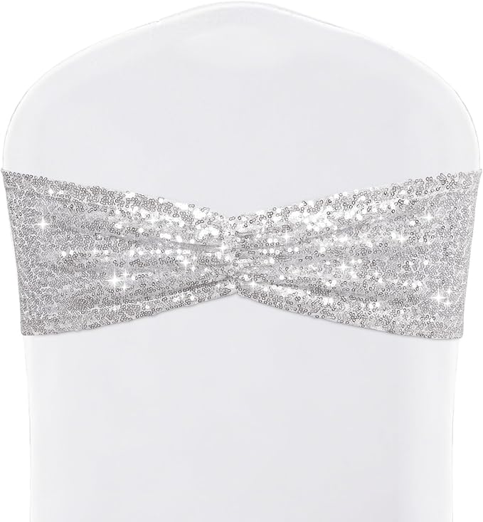 SquarePie Pack of 50 Sequin Chair Sashes Sliver Shiny Bows Bands for Wedding Banquet Party Chair Covers Decor by SquarePie