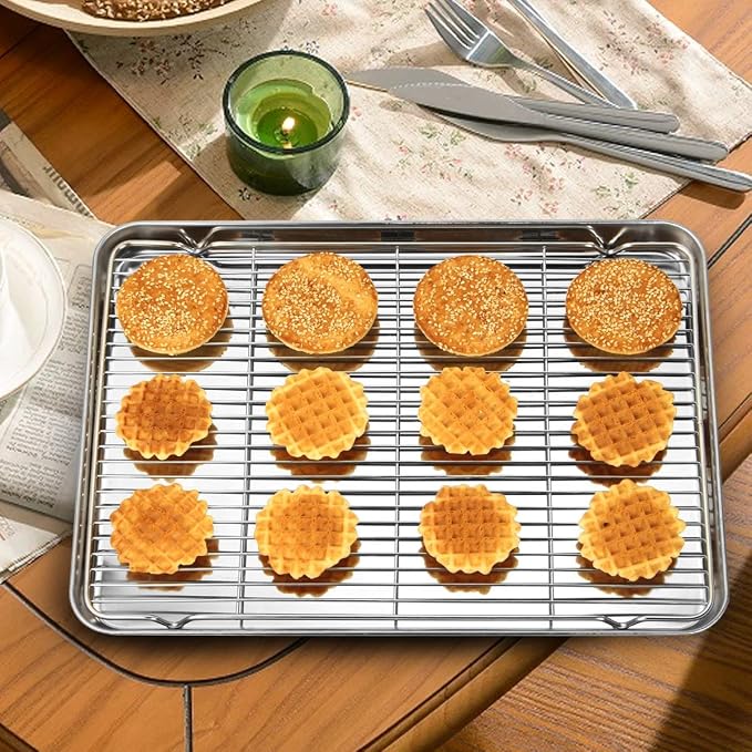 Wildone Baking Sheet & Rack Set [2 Sheets + 2 Racks], Stainless Steel Cookie Pan with Cooling Rack, Size 16 x 12 x 1 Inch, Non Toxic & Heavy Duty & Easy Clean - Image 6