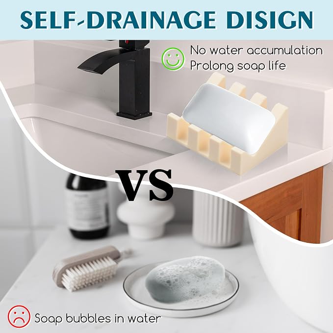 2 Pack Self Draining Silicone Soap Dish for Shower & Kitchen - Waterfall Bar Soap Holder Tray, Non-Slip Soap Saver Keeps Soap Dry, Easy to Clean, Extends Soap Life (CreamWhite) - Image 5