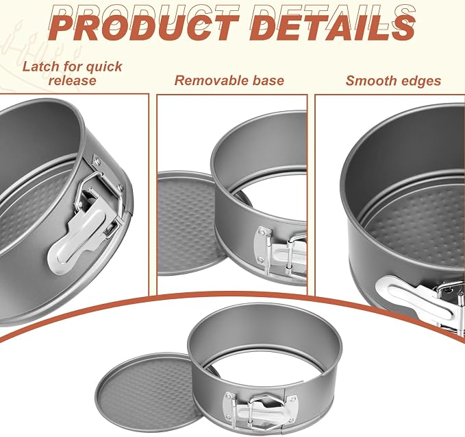 Funnymoom 4 Pcs 6 Inch Non Stick Springform Pan with Removable Bottom Carbon Steel Round Springform Cheesecake Pan with Stainless Steel Spring Buckles for Baking Kitchens Restaurant(Gray) - Image 3