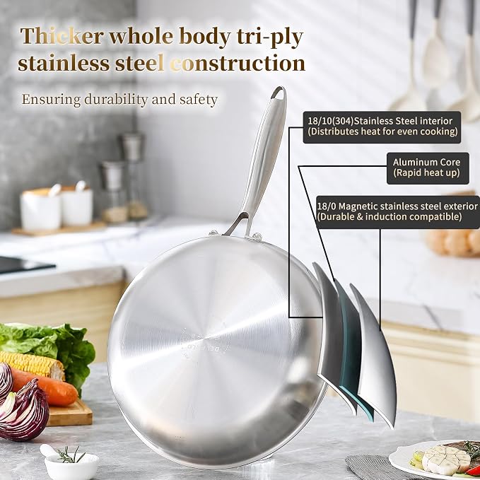 DELARLO Tri-Ply Stainless Steel Pan,18/10, 8",12" - Image 2