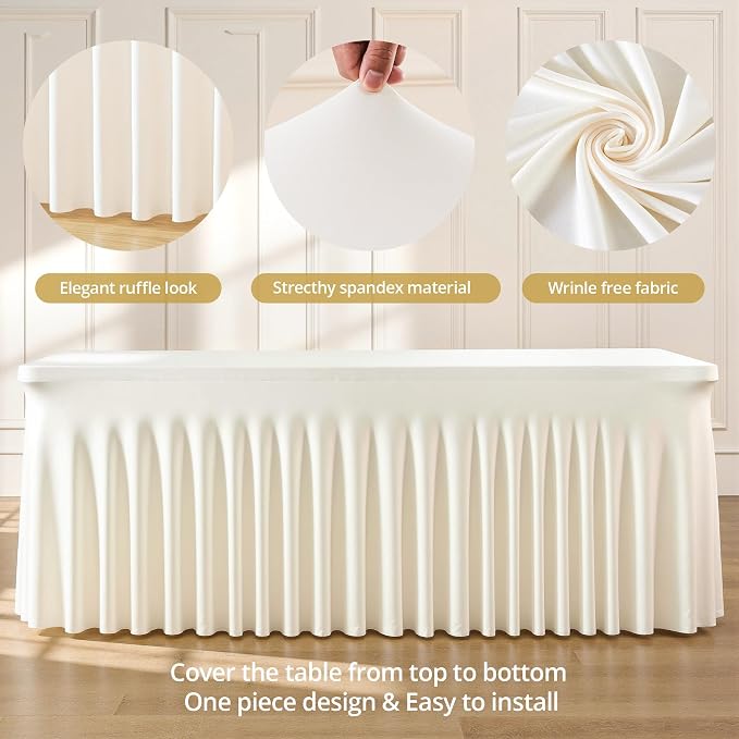 2 Pack 8ft Ivory Spandex Table Cloths for Rectangle Tables Wrinkle Free Ivory Rectangle Tablecloths, Stretch Fitted Table Cover with Skirt for Wedding Birthday Party Banquet Baby Shower Buffet Event - Image 7