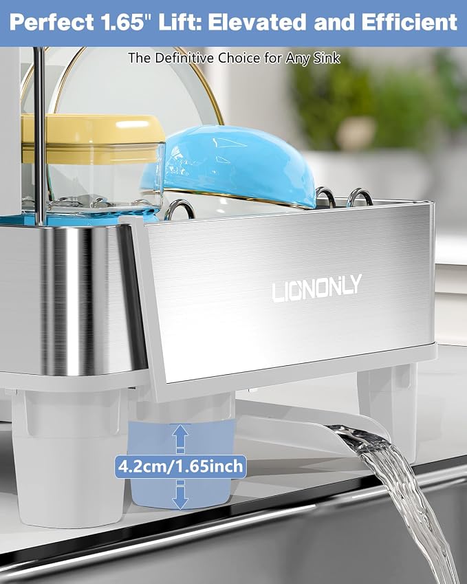 304 Stainless Steel Expandable Dish Drying Rack with Drain Spout, White - Image 6
