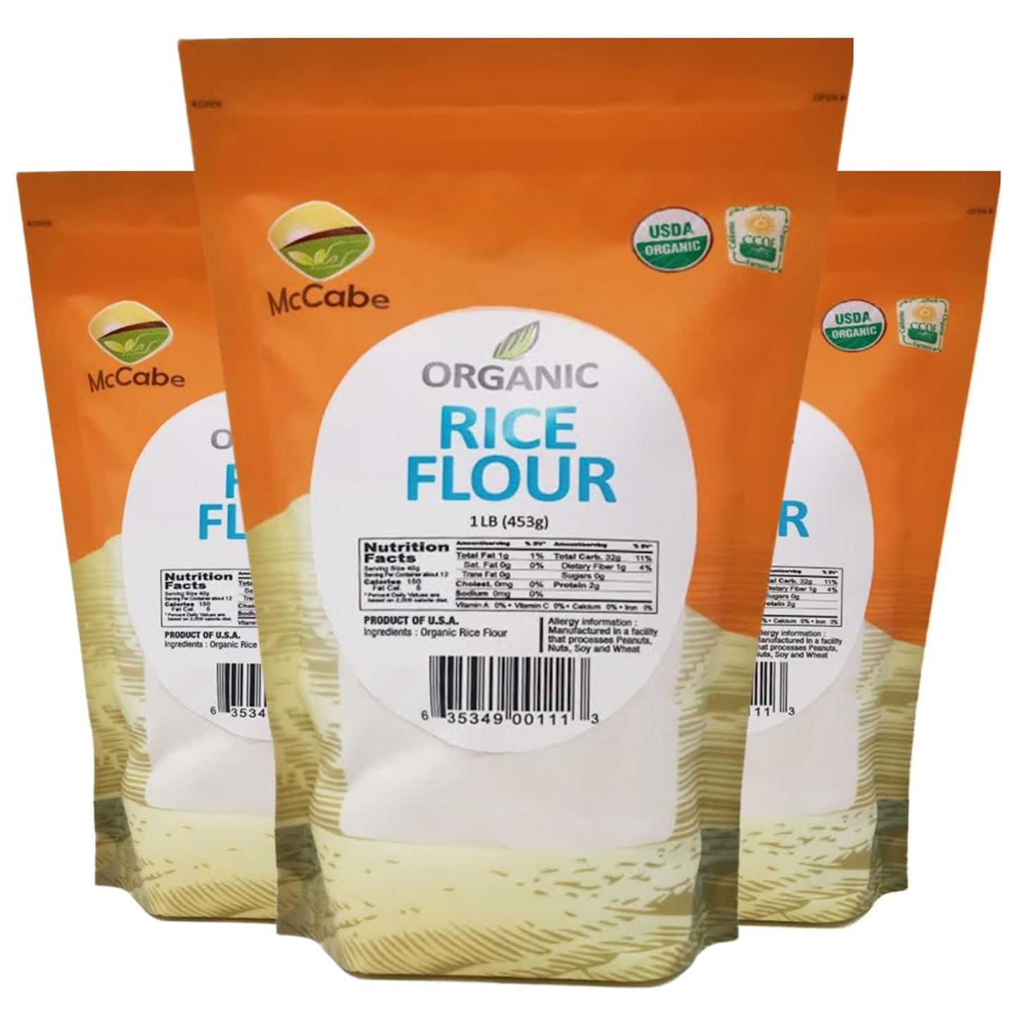 McCabe Organic Rice Flour - White Rice Flour | Rich with Fiber & Minerals | USDA and CCOF Certified | Product of USA | 1Lbs Pack of 3