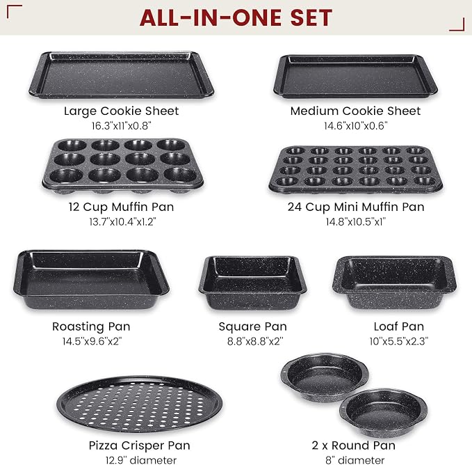 Terlulu 10-Piece Baking Pans Set, Bakeware Sets Nonstick, Baking Set for Oven Cooking, Stackable Carbon Steel Set Include Cookie Sheets, Muffin Pan, Cake Pan, Pizza Pan, Loaf Pan, Roasting Pan, Black - Image 2
