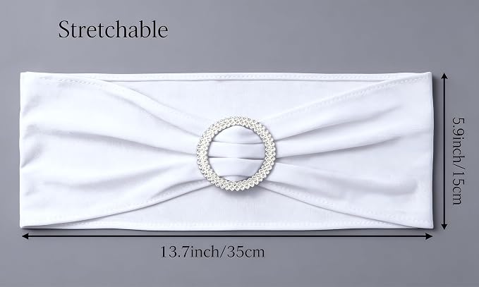 Wedding White Chair Sashes 100 Pack Spandex Chair Bands with Buckles Slider Chairs Bows for Party Birthday Bridal Shower Engagement Anniversary Christmas Event Decorations - Image 3