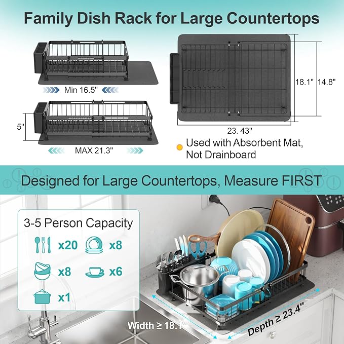 GSlife Large Dish Drying Rack - Expandable for Kitchen Counter, Black - Image 2