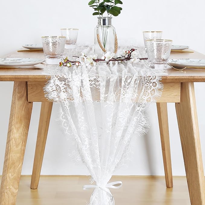 White Lace Table Runner 30 x 120 Inch Vintage Rustic Table Centerpieces by LuoluoHouse