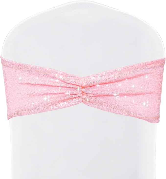 SquarePie Sequin Chair Sashes Bands 20 Pack Pink Shiny Chair Cover Bows for Wedding Banquet Party Decor by SquarePie