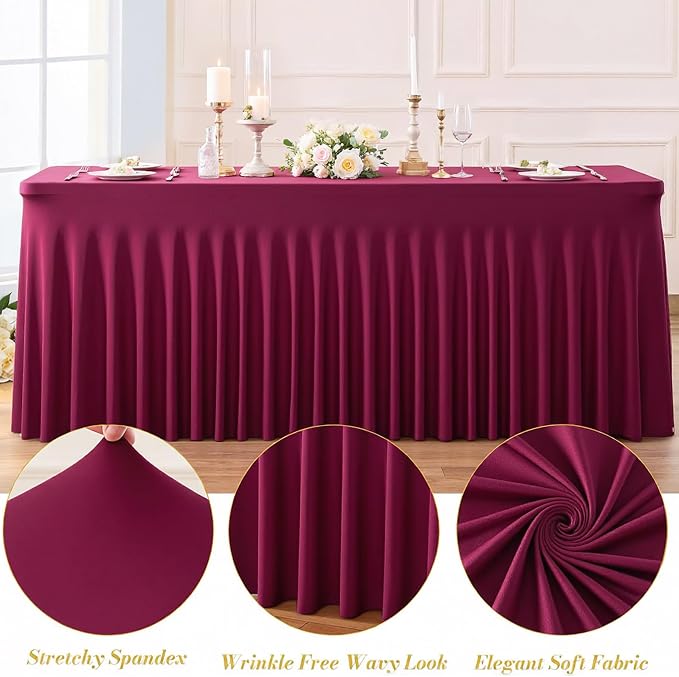 Besutolife 4 Pack Burgundy Table Cloths for 8 Foot Rectangle Tables, Wrinkle Free Fitted Spandex Table Covers 8ft, Stretch Tablecloth with Skirt for Wedding Birthday Banquet Parties - Image 8