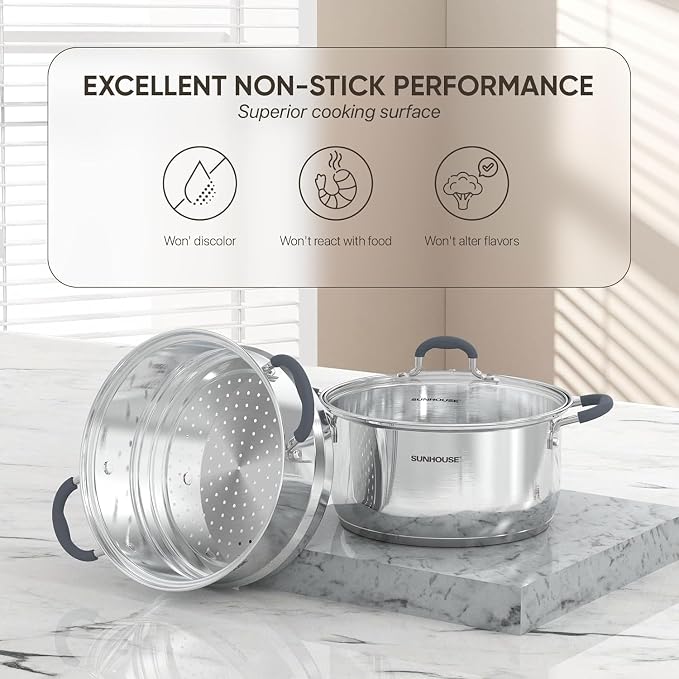 Sunhouse: 2-Tier Stainless Steel Steamer Pots - 3.1 Quart - Tempered Glass Lid, 3-Ply Bottom, Vegetable-Dumpling-Food Cookware, Dishwasher & Oven Safe - Image 4