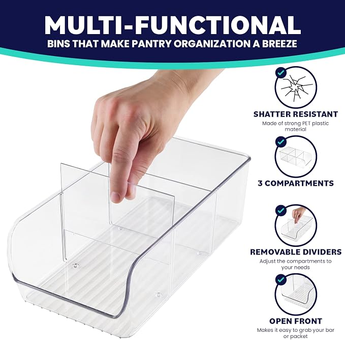 ELTOW 6-Pack Snack Organizer, 3-Compartment Plastic Bins with Removable Dividers, Chip & Food Storage for Pantry, Spices, Fridge, and Cabinet - Image 4