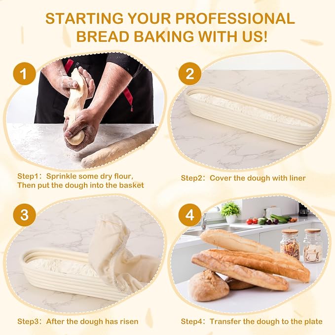 Vesici 15 Inches Baguette Banneton Proofing Basket 6 Pack with Linen Liner Baguette Banneton Bread Baking Baskets Rattan Dough Proofing Baskets for Baguette, Home Bake, Bakers Supplies, Baking Gifts - Image 5