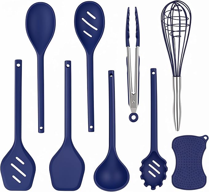 Kitchen Utensils Set,9 PCS Silicone Cooking Utensils Set Spatula Set,Tongs,Spoon,Whisk,Brush,Dishwasher Safe Kitchen Gadgets for Non-Stick Cookware,Home Essential，Kitchen Appliances(Navy Blue) by Rvxesaw