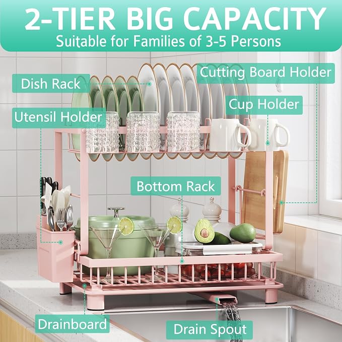 2-Tier Dish Drying Rack for Kitchen Counter, Space-Saving, Pink - Image 2