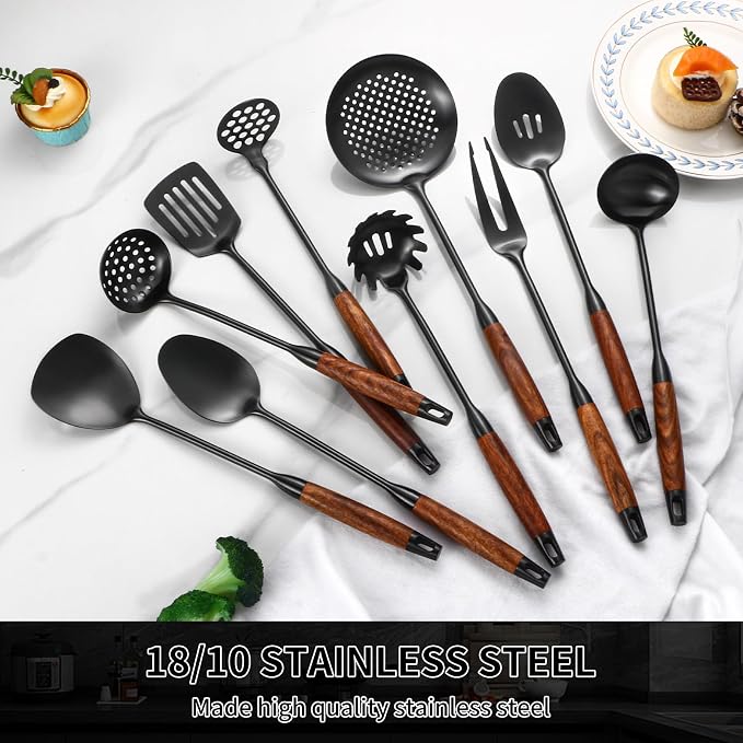 Izurok 18/10 Stainless Steel Kitchen Utensils Set,10 Piece Cooking Utensils With Wood Handle,Heat Resistant Kitchen Tool Set With Spatula,Spoon,Ladle,Skimmer,Slotted Turners,Pasta,Turner,Ladl,Fork - Image 5