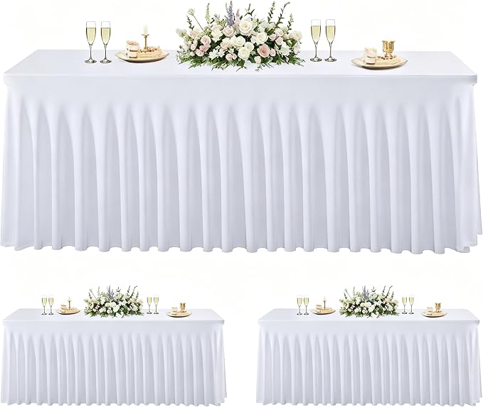 3 Pack White Spandex 6ft Rectangle Tablecloths with Skirts by Unknown