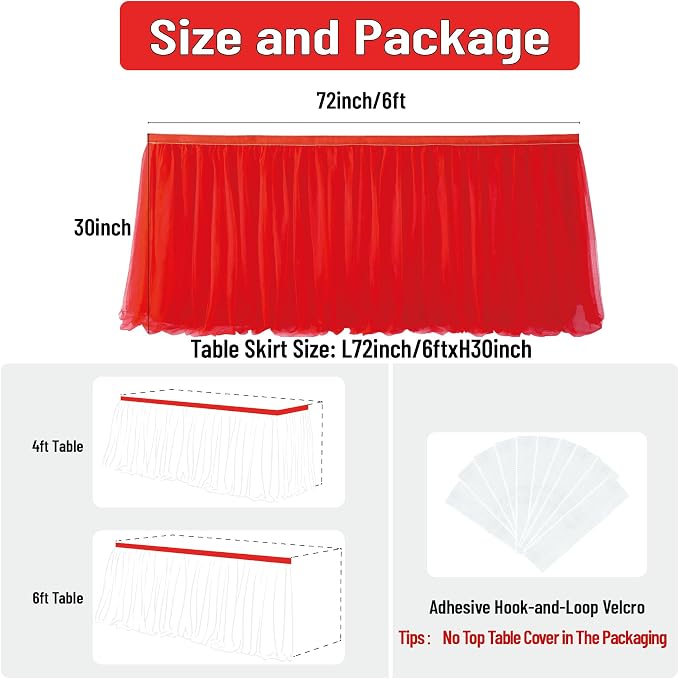 72inch Red Tulle Table Skirt for Rectangle Tables 6/4ft, 2-Layer Ruffle Tulle Tutu Red Cloth Table Desk Skirts 6ft for Chrismas Birthday Party Baby Shower Cake Dessert Tables(No Top Cover) - Image 4