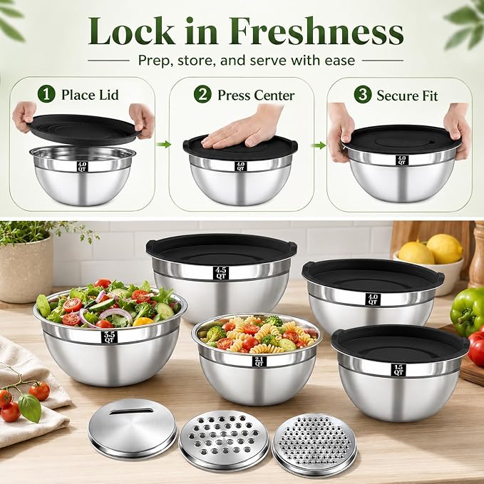 8PCS Mixing Bowls with Lids Set - 5 Nesting Mixing Bowls, 3 Grater Attachments, Lids, Stainless Steel Mixing Bowls for Mixing & Serving, Size 1.5/2.1/3.5/4/4.5 QT, Black - Image 6