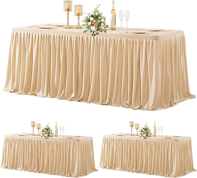 3 Pack Deep Champagne Polyester Table Clothes for 6 Foot Rectangle Tables, Wrinkle Free Fitted Table Cover with Pleated Ruffle Table Skirt for Party Baby Shower Wedding Birthday Event Display by WishCare