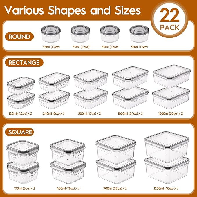 44 PCS Food Storage Containers with Lids Airtight (22 Containers & 22 Lids), Leak proof Meal Prep Container Set for Kitchen Storage, BPA-free, PVC-free Plastic, Microwave/Dishwasher Safe, Labels & Pen | 22 Containers & 22 Lids, Leak Proof, Meal Prep, K... - Image 2