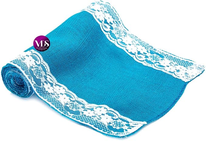 VDS Pack of 20, Burlap Table Runner with White Lace Edge, 100% Natural Jute Rustic Hessian Table Cloth Centerpiece for Wedding Birthday Party Banquet Table Decoration (Size 12X108 Inch)(Teal) - Image 3
